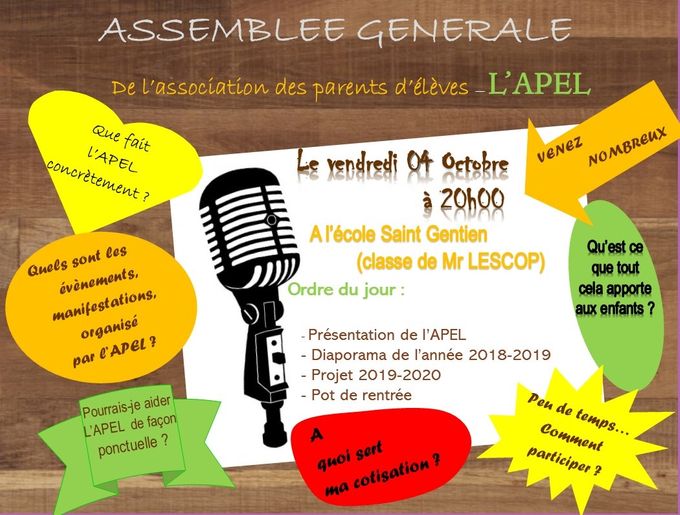 ASSEMBLEE GENERALE - Association des parents d'élèves - L'APEL
Vendredi 04 Octobre 2019 à 20h00 (Classe de Mr LESCOP)
Venez NOMBREUX....